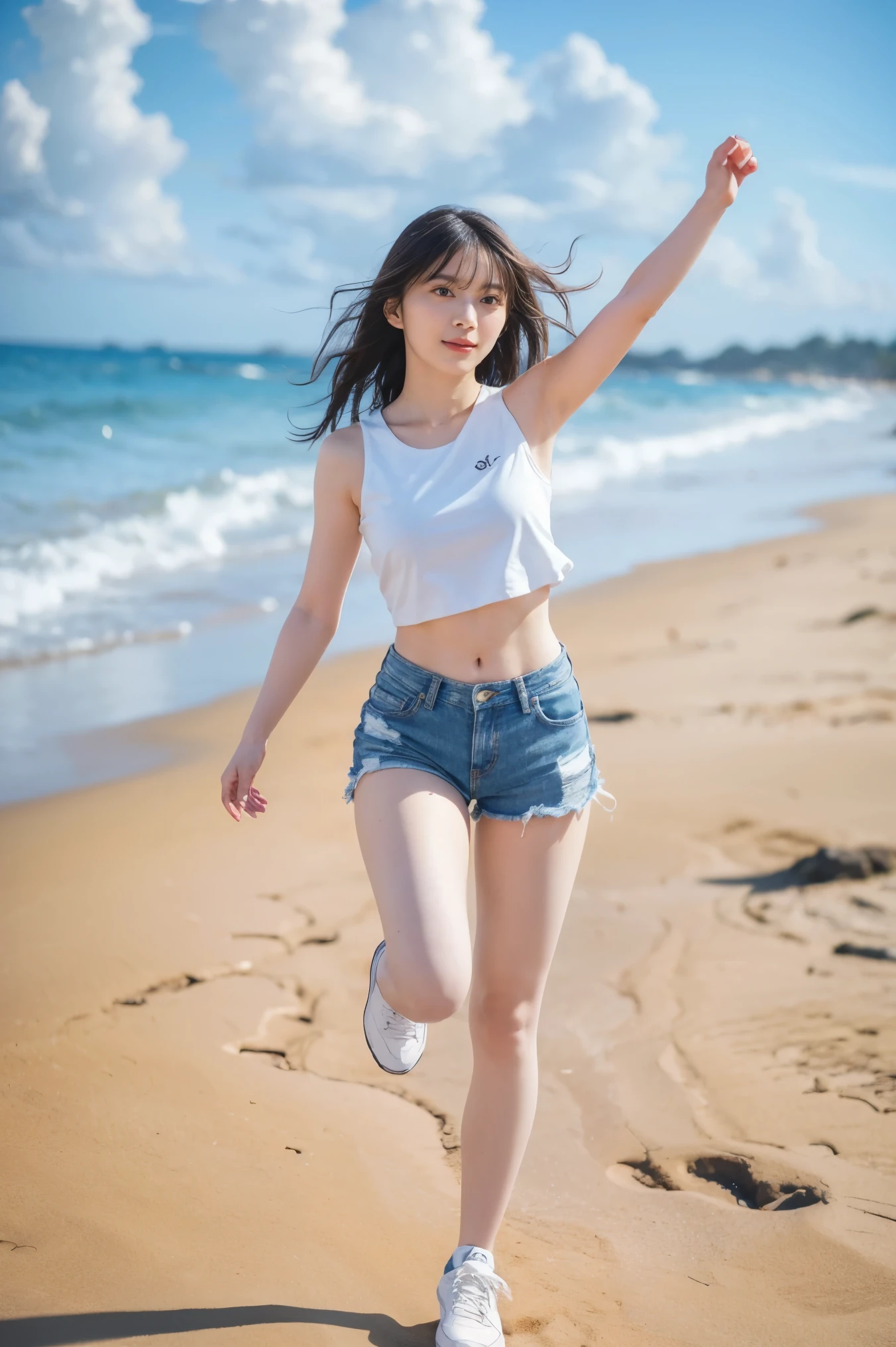  8K raw photo beauty:2.0,  dark brown hair long hair,  amazing face and dark eyes ,  staring at the camera, show armpits,  Running, Sprint,  dynamic pose,  vibrant pose ,（white crop top and distressed denim shorts:1.2)、 wears sneakers:1.4,  photorealistic:1.9,  Extremely Detailed CG Unified 8K Wallpaper ,  high definition,  high definitionな生の色写真,  professional photography,Look forward, is showing the whole body, full body image 、Shooting on the beach, Portrait of a sexy girl with blue sky and clouds,

