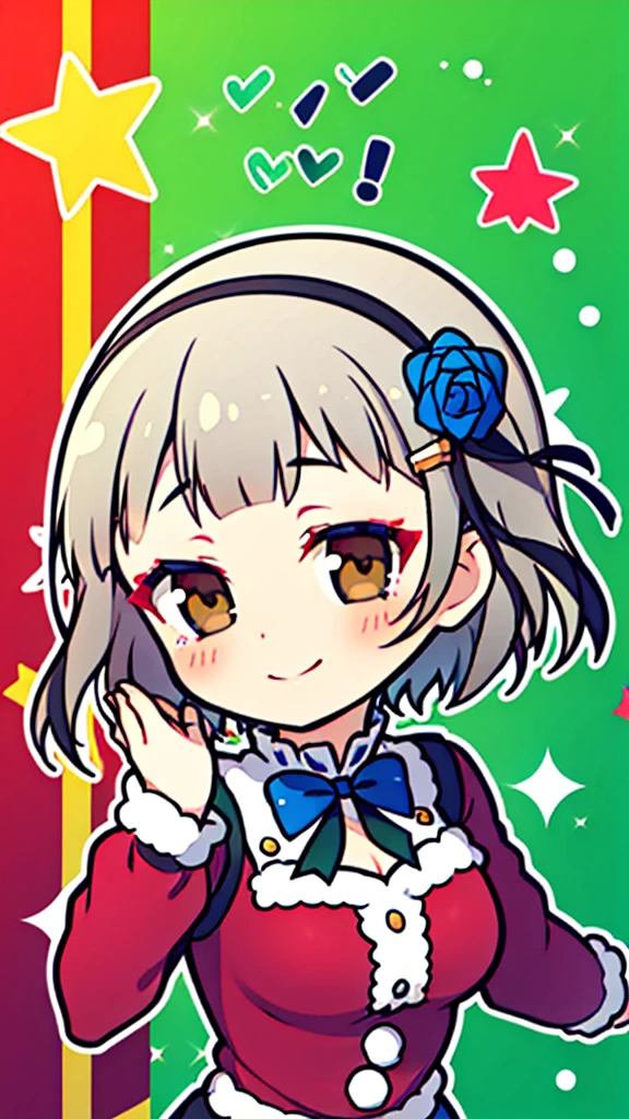 (((solo))), 1 woman, Sakuya Kurobane, sakuyaunif, kurobane_sakuya, short hair, grey hair, black hairband, blue hair flower, brown eyes, red eyeliner, chest, blush, smile, (upper body), santa claus