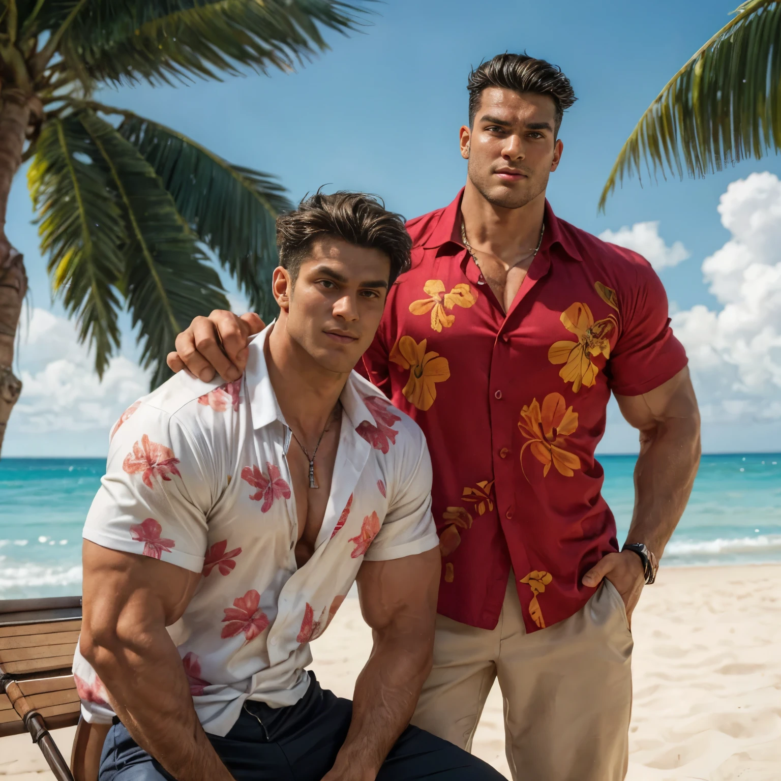 Two big Tall Very giant muscular men and  fair skin, 20 and 21 year old, big Shoulder , eye look viewers , 1st men Leaning at coconut tree and one sit At chair beach  sea, lot ship,  wearing beach Navy hawaiian shirt , Red Hawaiian shirt and cream trousers ,  too tall, Attribute  pose, pose friendship , stand in perfect detailed, realistic,  perfect skin, masterpiece  , rectangle face,  ((messy and tousled hairstyle brown)). and ((Fringe down hair black,)) ((duo, ) , Attribute pose , modeling pose, hand holding his shoulder, ((right guy More giant buff body And small head))