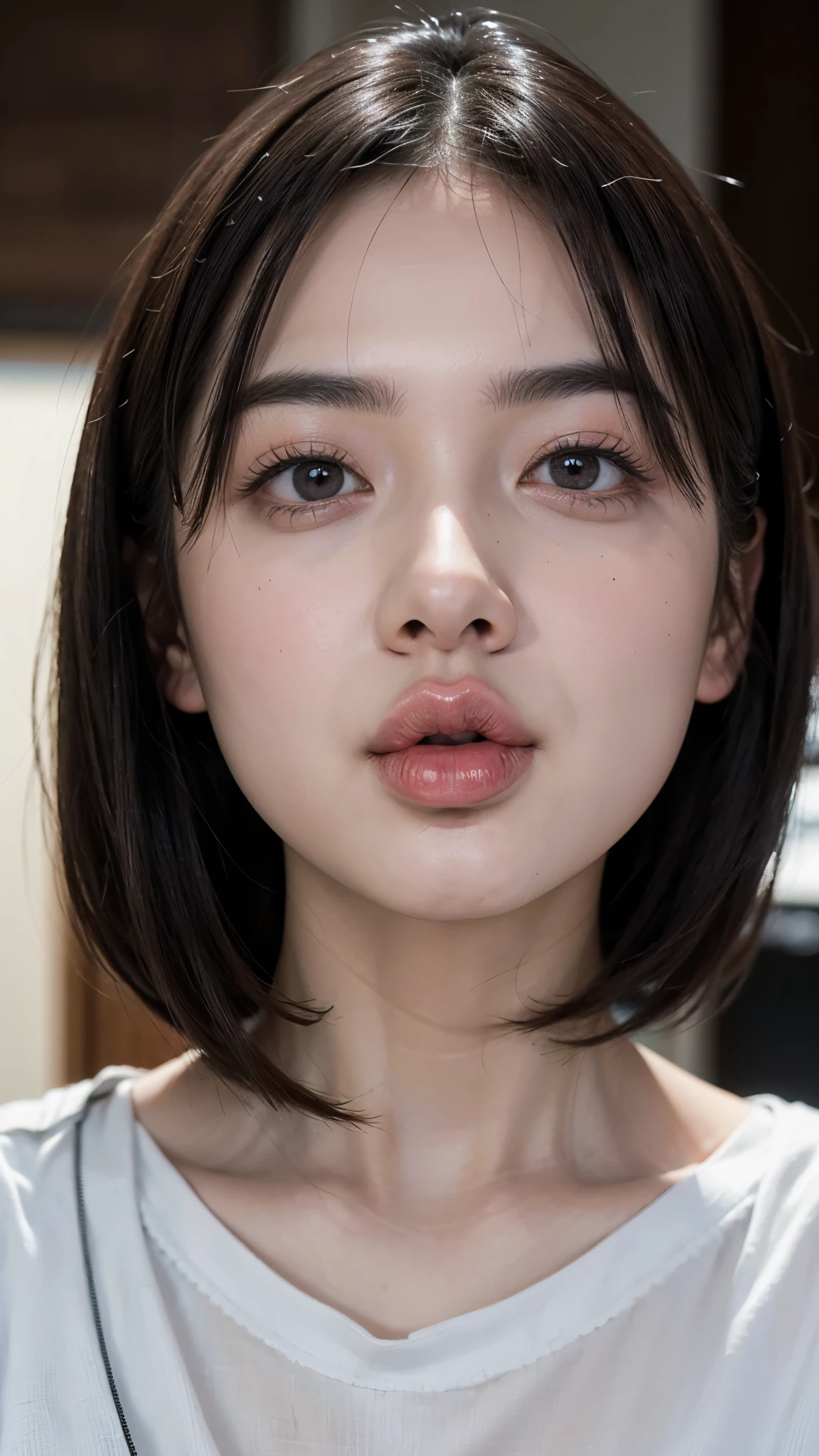 (8k、 RAW photo、 best quality、masterpiece:1.2)、(Genuine、Photographically:1.37)、 portrait of a beautiful woman,Alone, dark eyes, perfect face,、 casual clothes、 plump lips 、 beautiful skin ,Brown eyes、 short bob