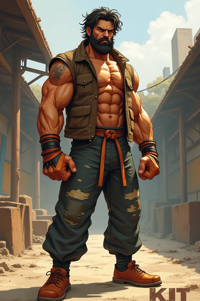 ((best quality)), ((ultra-detailed)), ((masterpiece)), photography, scene: spacious abandoned warehouse, theme: anthropomorphic animal mafia, character: cat, appearance: muscle building, action: combat posture, expression: fierce, holding a baseball bat, gold necklace, bare upper body, sports mafia tattoos, perspective: 4K.