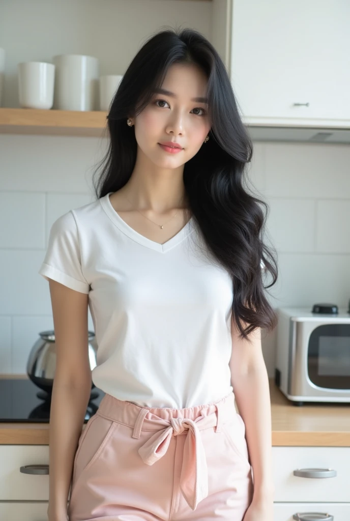 solo, standing in the kitchen, a 18 years old cute girl look at me, skin-colored shirt, smiling, big eyes, realistic shooting, 8k shooting