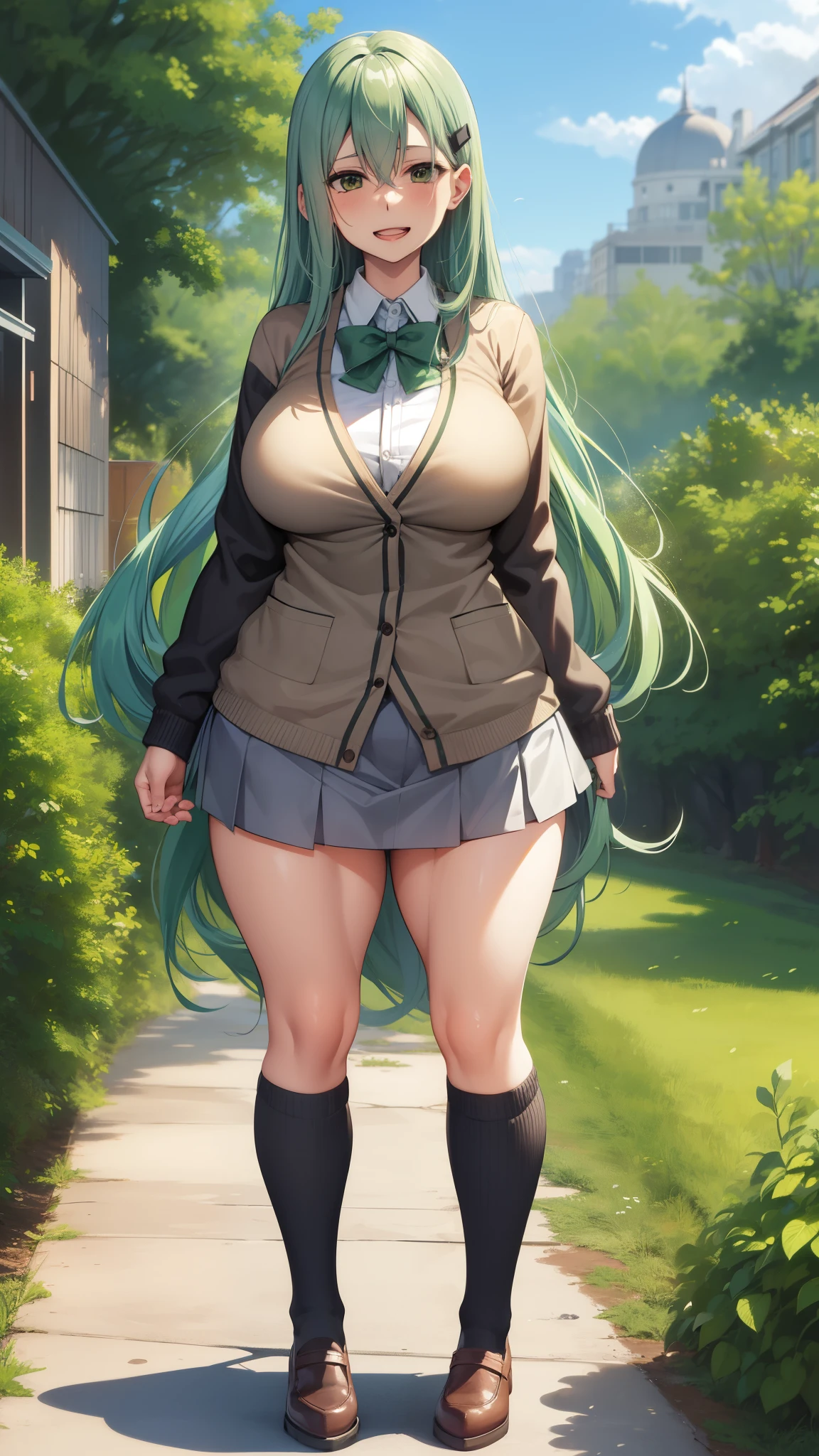 <lora:3ly-10:0.6>, smile, huge breasts, full body, twintails, school, school uniform, mary janes
