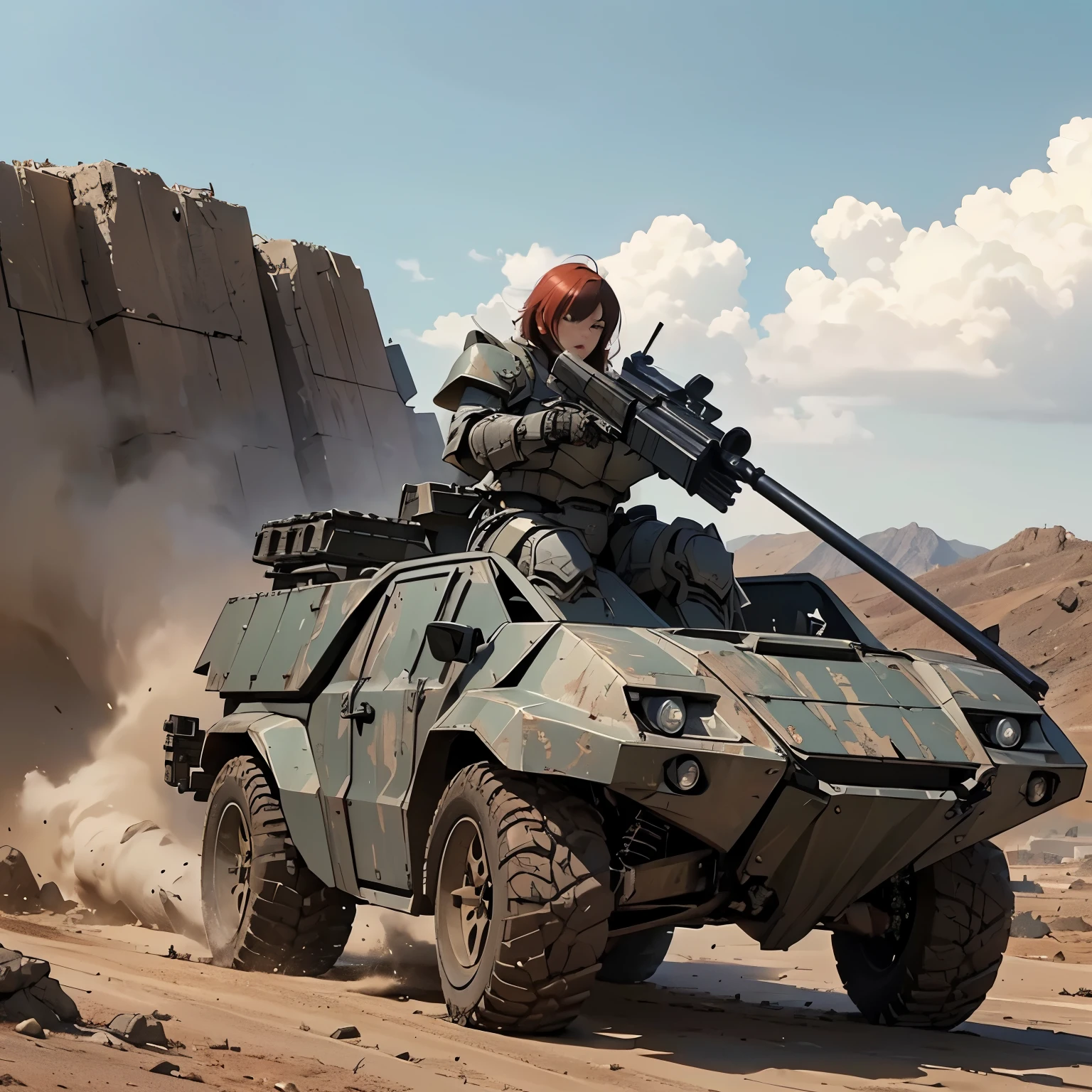 nsfw, anime screencap, 16K, perfect anatomy proportion body, perfect hands, action, A dynamic composition with a sense of speed and movement, (open cockpit, Ride a large, heavily armored military buggy:1.6), a wife, 40age, perfect beautiful delicate sexy face, perfect beautiful delicate slanted eyes, red hair, swept bangs pixie cut, medium breasts, Camouflage colored heavy armor robotic steam engine full armor powered suit, Many robot soldiers having a gunfight in the background, Flying bullets, Desert Battlefield, war, Post-apocalyptic,