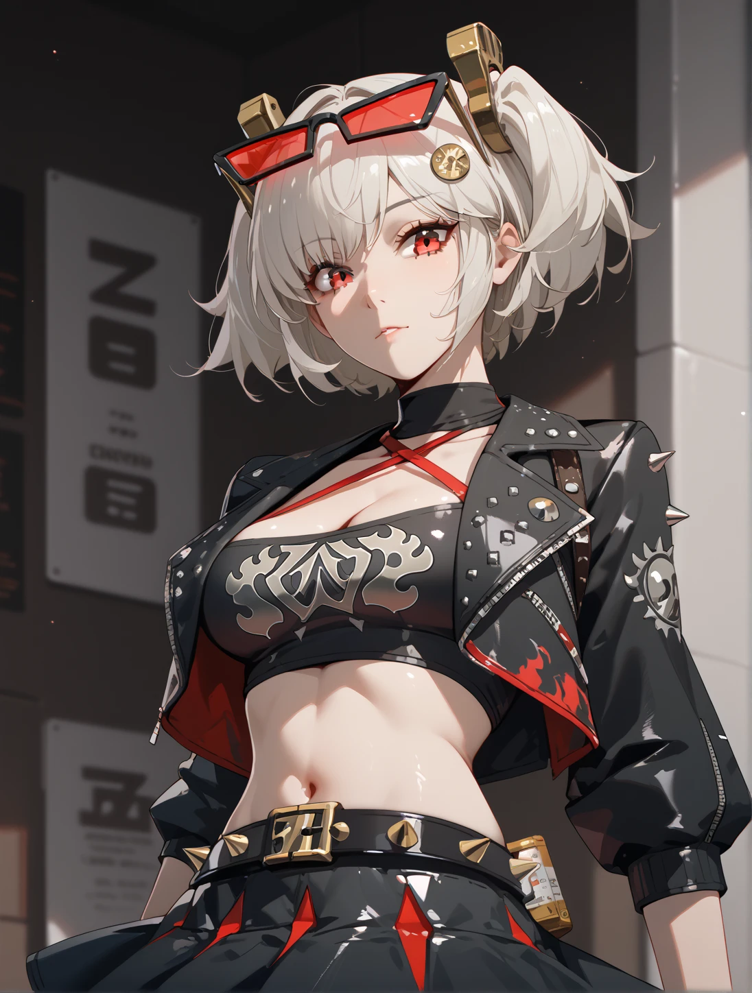 1girl,solo,Burnice_ZZZ, short hair, short twintails, hair ornament, sunglasses, eyewear on head BurniceWhite, short hair, short twintails, hair ornament, sunglasses, eyewear on head, red halterneck,, crop top, cleavage, midriff, black jacket, fingerless gloves, spiked belt, black skirt, red thigh straps, black thighhighs,score_9, score_8_up, score_7_up, score_6_up, score_5_up, score_4_up,{{nude}},{{{show off nipples}}},{{{nsfw}}}