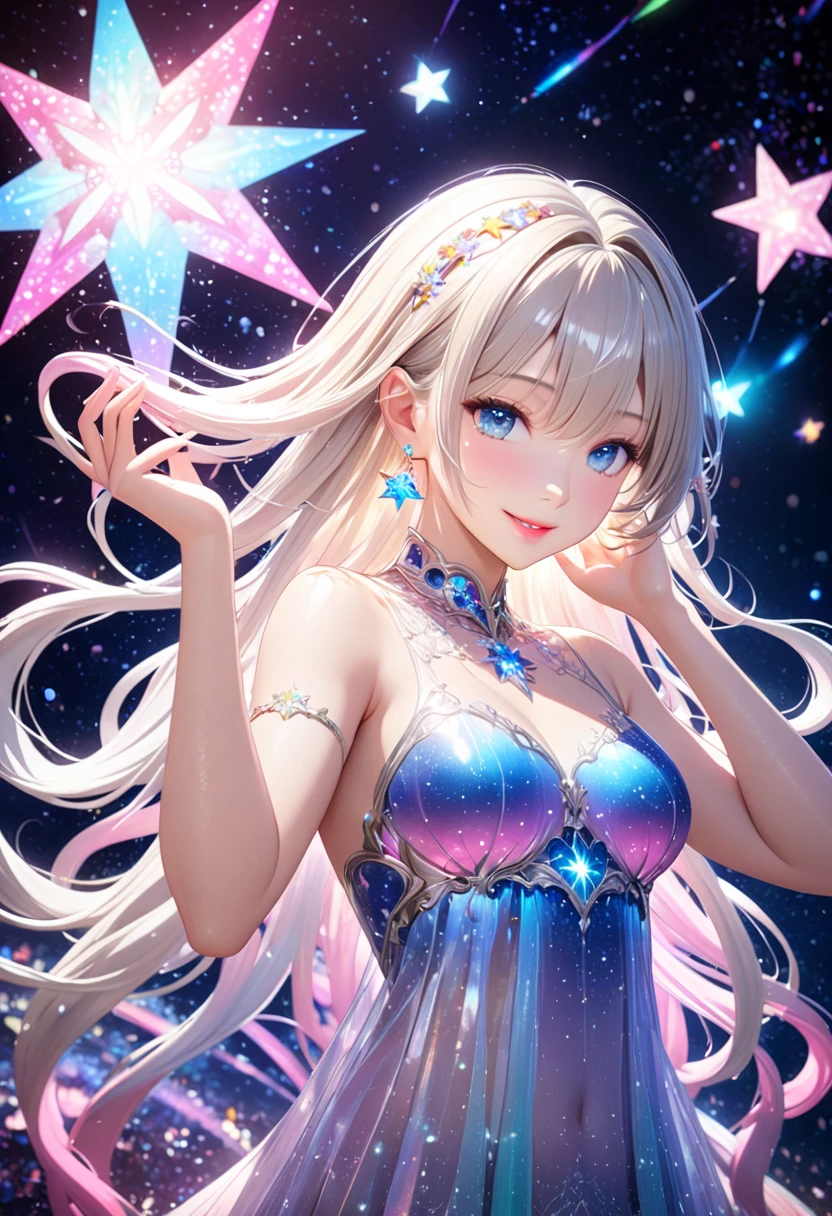 ( best quality,  super detailed, 8k,  high definition ,  High Quality CG), A young and beautiful single woman,  beautiful blue eyes,  cute pink lips ,  anatomically beautiful figure,  shiny body hanging over the body,  big chest,  look at me and smile,  Silver Blonde Long Hair ,  earrings for a woman alone, decoration,  Sheer Translucent Luminescent Dress, Colorful light. Coloured Light Particles Scattering ,  vibrant colors, Night Sky, star空, 輝くstar, star, star雲, Celestial Bodies, 惑star,  detailed illustration art on one side, 