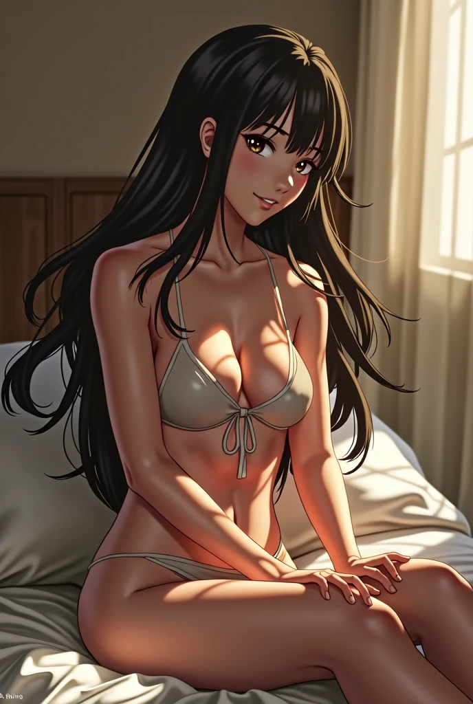 Nico Robin, topless, medium breasts, small nippless, lace thong, medium glutes, bedroom, sunrise, pretty girl, smiling, perfect body