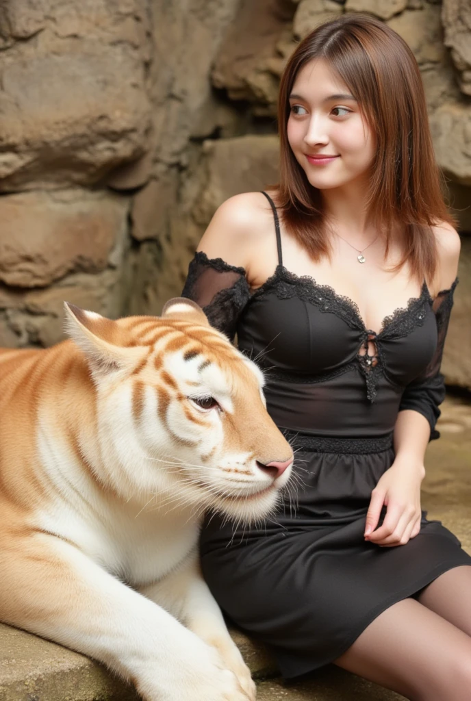 "Ultra-realistic, 32k resolution, masterpiece:1.2, high detailed skin and fur texture:1.1, high quality:1.1, A photorealistic image of a beautiful thai female model big breasts wearing "A figure wearing a black lace lingerie set, complete with garter belt and stockings.". sitting gracefully beside a golden tiger lying on a rocky surface. The model has radiant, flawless skin, long flowing hair, and a calm yet confident expression as she gently rests one hand on the tiger's back, emphasizing a connection between elegance and strength.
The tiger’s golden-orange fur with white markings is detailed and vibrant, complementing the model’s sophisticated attire. The background is a natural rocky habitat, softly blurred to keep focus on the model and the tiger. Soft, natural lighting highlights the texture of the tiger’s fur, the smooth fabric of the model’s dress, and her glowing complexion, creating a harmonious blend of majesty and sensuality."