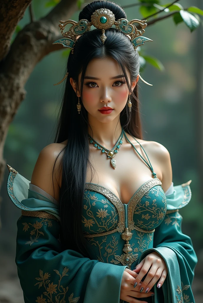 , beautiful vegetation, animal butterflies, contemplating his queen:1.5)), a beautiful forest at dawn, idyllic, magical, majestic, epic lighting, 8k, detailed face, detailed eyes, detailed lips, long eyelashes, beautiful dress, serene expression, lush foliage,