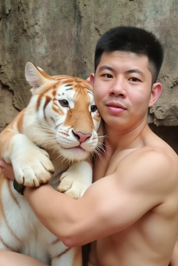 "Ultra-realistic, 32k resolution, masterpiece:1.2, high detailed skin and fur texture:1.1, high quality:1.1, A photorealistic image of a muscular Thai male model, shirtless, with a well-defined physique, gently embracing a golden tiger lying gracefully on a rocky surface. The man has tanned skin and a calm, confident expression, his arms wrapped securely yet tenderly around the tiger’s shoulders, emphasizing a connection between human and animal.
The tiger’s golden-orange fur with white markings is detailed and vibrant, contrasting beautifully with the man’s skin tone. The background is a natural rocky habitat, softly blurred to keep focus on the man and tiger. Soft, natural lighting highlights the tiger’s fur texture and the man’s muscular definition, creating a harmonious, majestic, and serene atmosphere."