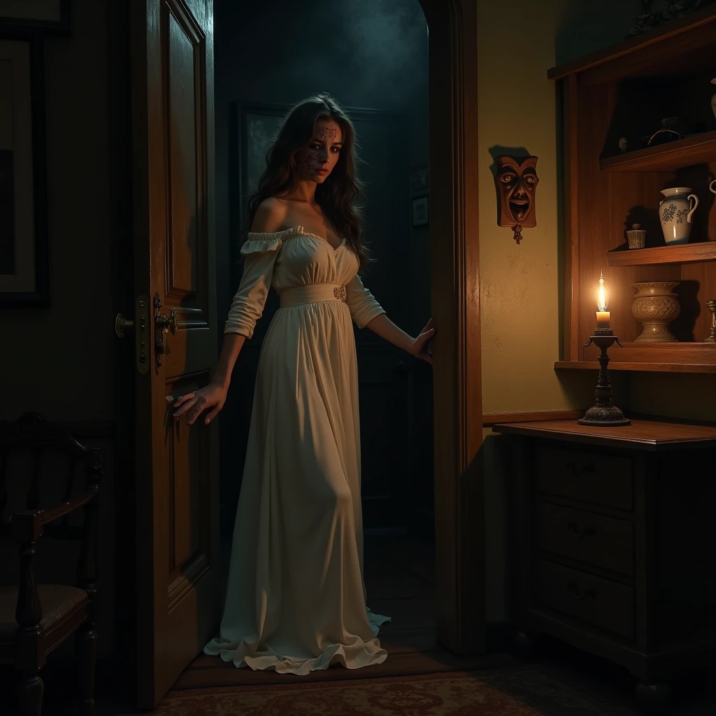 a spooky haunted castle room,candlelit interior,cobweb covered walls,ghost girl in semi-transparent nightgown,naked underneath,highly detailed,photorealistic,dark moody lighting,cinematic composition,dramatic shadows,warm candlelight colors,atmospheric,eerie,unsettling