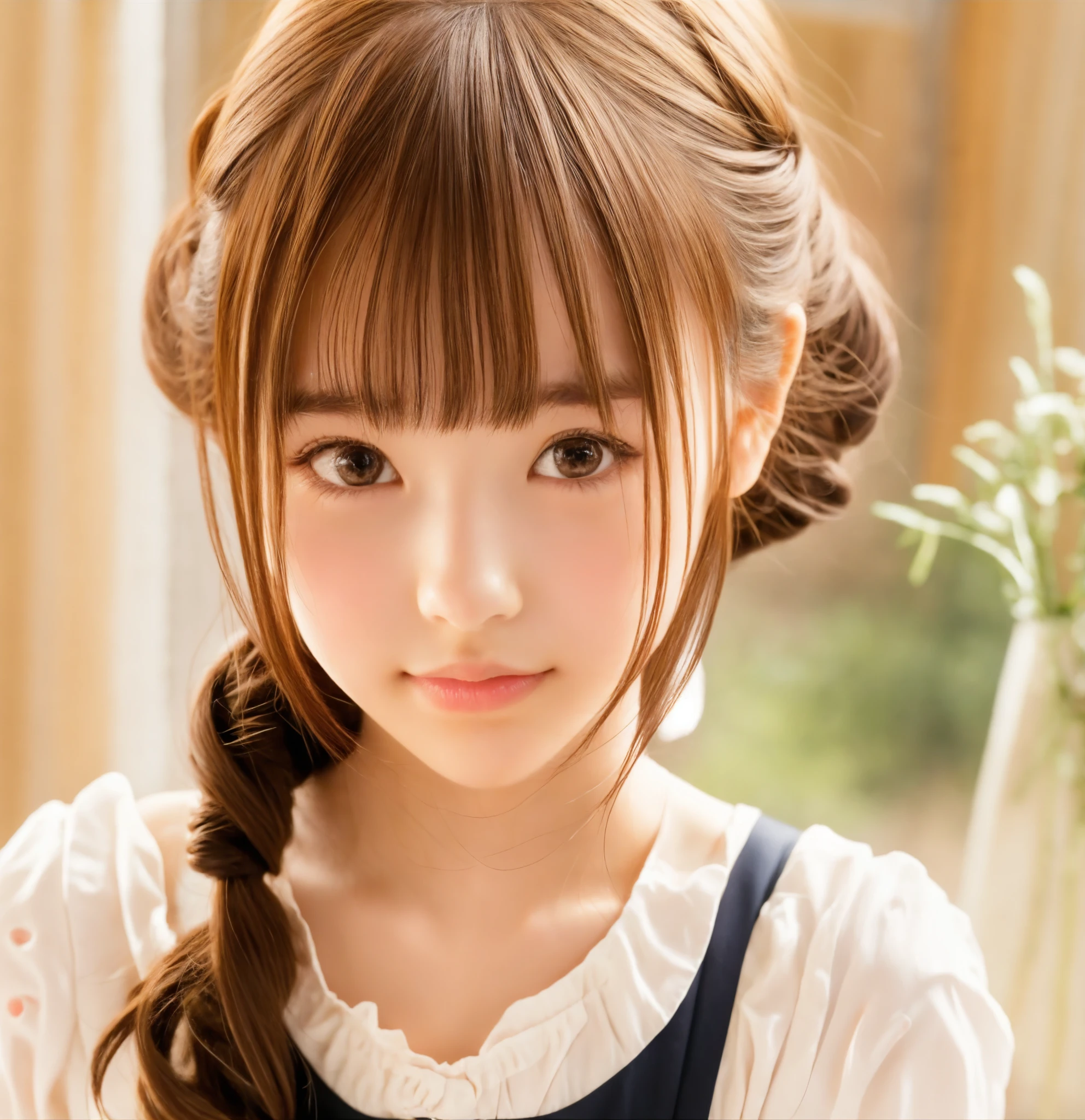 Maid, chignon hair,brown hair,slender body,cute pretty girl