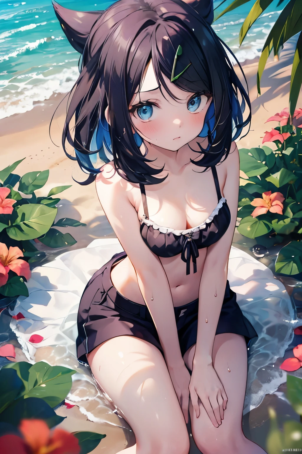 NSFW,  (masterpiece,  best quality,  8K ultra-high resolution :1.4),  (tropical,  beachside, flower: 1.4), 12yo,(( jitome)), Pokémon,  written boundary depth , Film focus,  angle from below,  sitting, Emotional composition, Emotional engine full throttle BREAK Young and かわいい girl, Slender body,  flat chested, Provocative, ((love)), Expressions of affection, Extremely Detailed and Shiny Skin ,sweat, exposed breasts,  shorts, wet and shiny thighs ,  Perfect Pokemon Rico Top Break
, wind, detailed in the wind, petals dancing in the wind
BREAK
ultra detailed crystal eyes, Sparkling jewel-like eyes