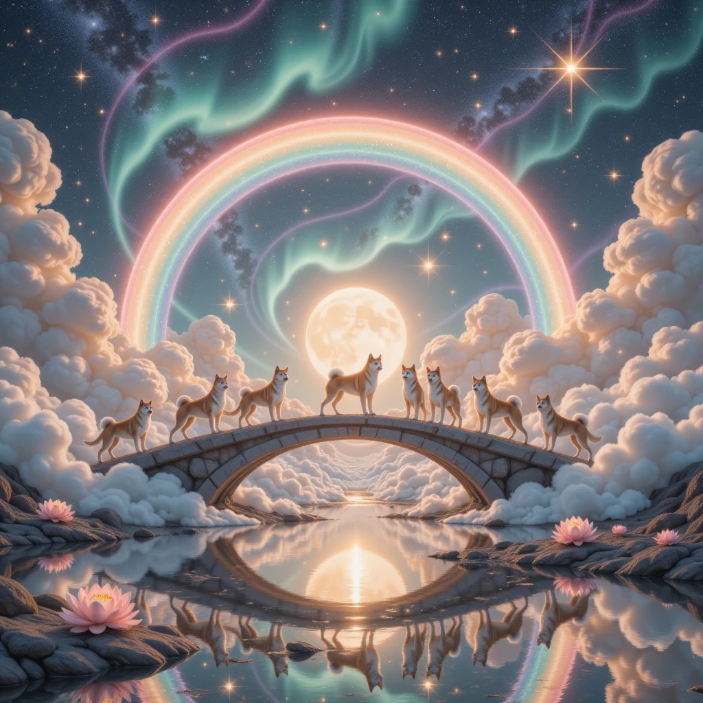 Rainbow Bridge：1.6， 32K RAW photo ，Best quality,  extremely detailed and intricate .  dynamic angle,aurora， constellation，Crescent Moon，earth \(Planet\)，full moon，galaxy，light particles，milky way，night，night sky，Planet，shooting star，sky，space，starry background，starry sky， wonderland，cloud， Dunhuang art style illustration ,九色柴犬被祥cloud环绕，magnificent ,（ Shiba Inus shining with stars ：1.36） Standing in a lotus pond  , extremely fine brushstrokes , Soft and smooth , Chinese red and indigo ,  gold background 