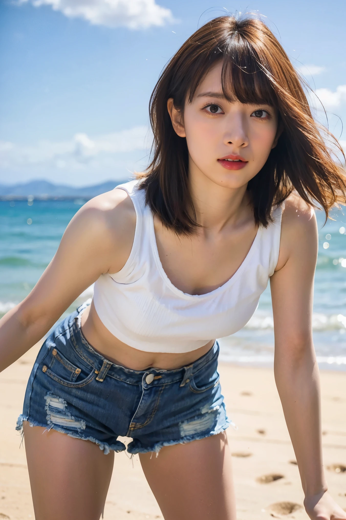 8K raw photo beauty:2.0, dark brown hair long hair, amazing face and dark eyes , staring at the camera, show armpits, Running, Sprint, dynamic pose , vibrant pose ,(white crop top and distressed denim shorts:1.2)、 wears sneakers:1.4, photorealistic:1.9, Extremely Detailed CG Unified 8K Wallpaper , high definition, high definitionな生の色写真, professional photography,Look forward, is showing the whole body,Shooting on the beach, Sexy Girl Portraits, Blue sky and clouds,