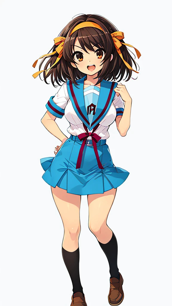 1girl, haruhisuzumiya, brown eyes, brown hair, medium hair, hair ribbon, hairband, kita high school uniform, serafuku, sailor collar, short sleeves, skirt, suzumiya haruhi, haruhisky v3 , medium breasts