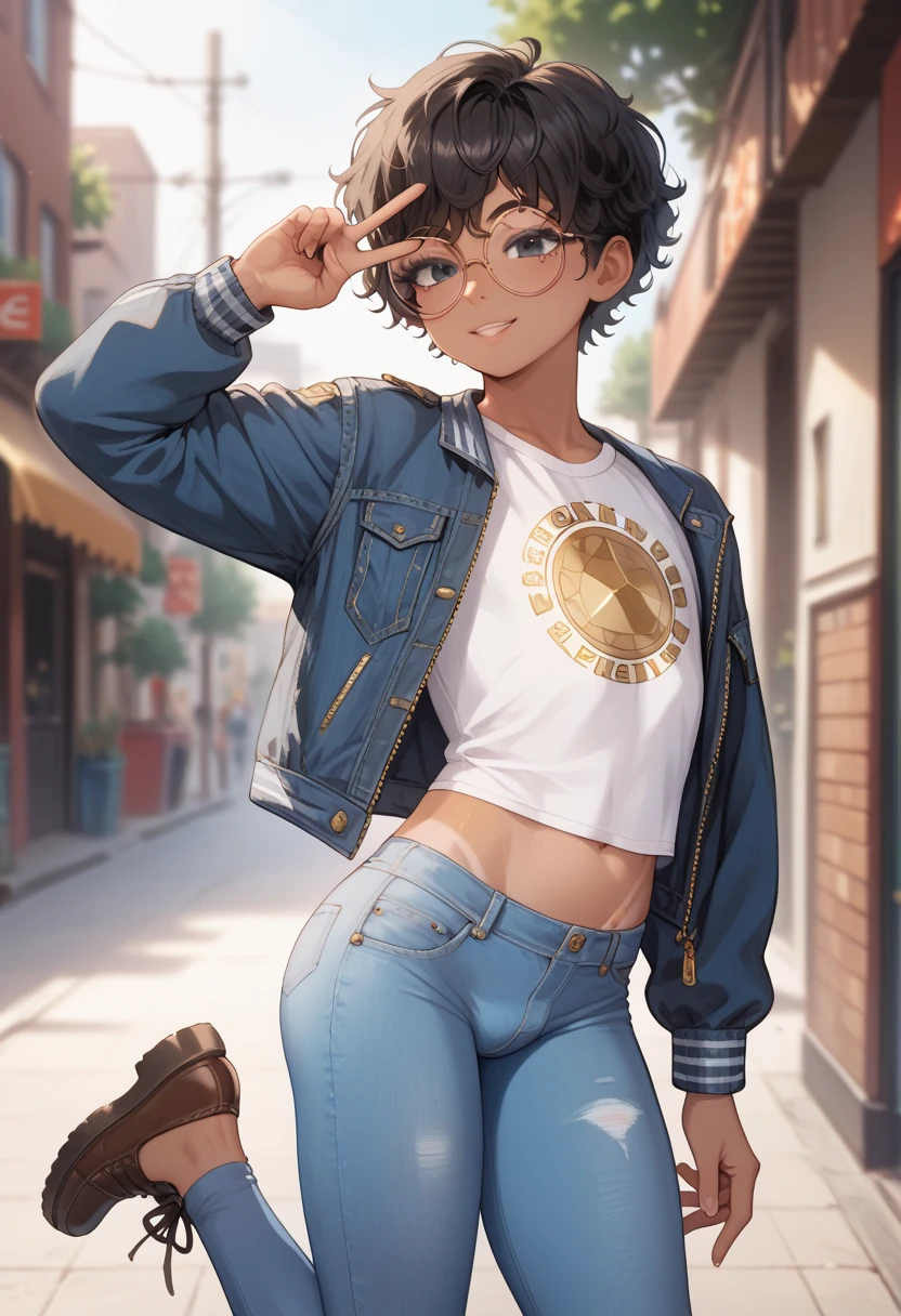  masterpiece,  better quality , Artist bdone , 20 years, femboy,  curly and blurred hair,  short hair,  black hair,  black eyes, round glasses, golden lenses,  tanned skin, Blue denim jacket, Grey sports pants , Dark blue t-shirt ,  brown shoes , love and peace,  slim body, effeminate body, marked rear, Femboy body ,  slim body,  ectoform body 