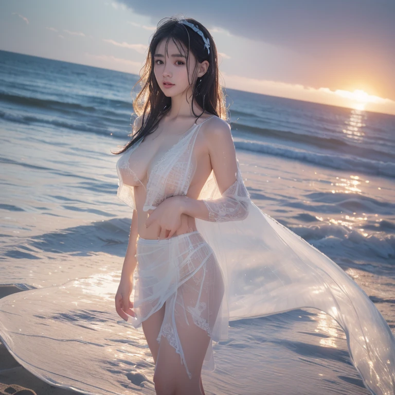 Sandy beach at dusk,beautiful naked women,((Wet and transparent pure white thin lace fabric costume )),((No underwear on)),(( wet hair )),((Wet nudes)),(( wet skin )),(( Big Breasts )),(( big butt )),(( wet and transparent pure white thin lace fabric bare top flat line)),(( wet and transparent pure white thin lace fabric mini skirt ))