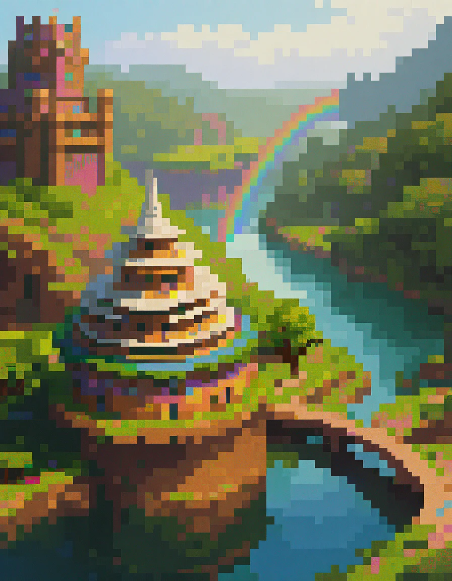 8-bit retro game, JRPG, Dragon Quest, pixel art, beautiful rainbow bridge over a lake, hero in fantasy world, (best quality,4k,8k,highres,masterpiece:1.2),ultra-detailed,(realistic,photorealistic,photo-realistic:1.37),hyperdetailed,intricate details,highly detailed environment,dramatic lighting,volumetric lighting,vibrant colors,fantasy landscape,lush vegetation,detailed character design,muscular hero,heroic pose,noble expression,fantasy castle in background,dragon in the sky,magical atmosphere