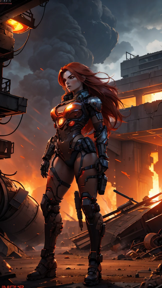 Beautiful, futuristic female cyborg with vibrant red hair flowing around her, intricate metallic enhancements, and sleek, seamless cybernetic features, wielding a high-tech weapon. She stands amidst a desolate, post-apocalyptic wasteland, the environment ravaged by a nuclear explosion. The scorched ground and crumbling structures glow faintly with radioactive energy, with ash and debris swirling in the air. Dramatic, cinematic lighting highlights her metallic components, weapon, and fiery red hair, with glowing accents that contrast against the eerie, fiery sky. Highly detailed, photorealistic, ultra-high resolution, emphasizing the fusion of beauty, advanced technology, and haunting devastation in a vivid, futuristic setting.