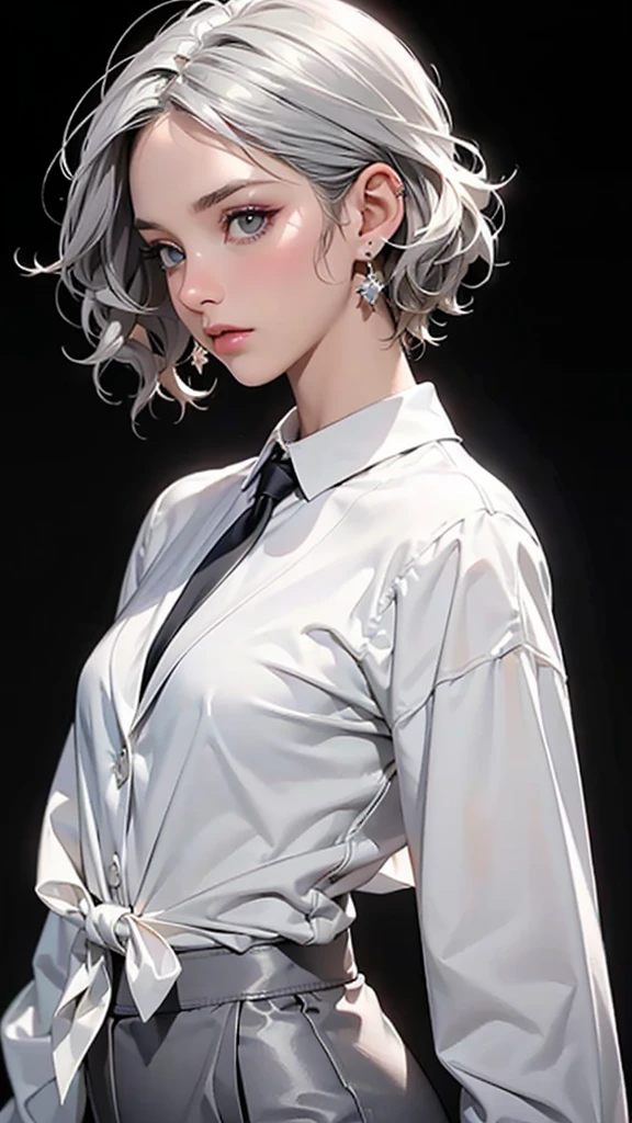 ((Masterpiece, Superb Aesthetics), (Top quality, Best Quality),  1 girl , solo, closeup, side view, (Determined eyes), (Black blazer, white shirt, tie, trousers, Formal wear), wavy short silver hair, Mature woman,middle size breasts, (Clear facial features, detailed skin texture, detailed beautiful face) ,(small earrings, pendant ), perfect figure, Standing,