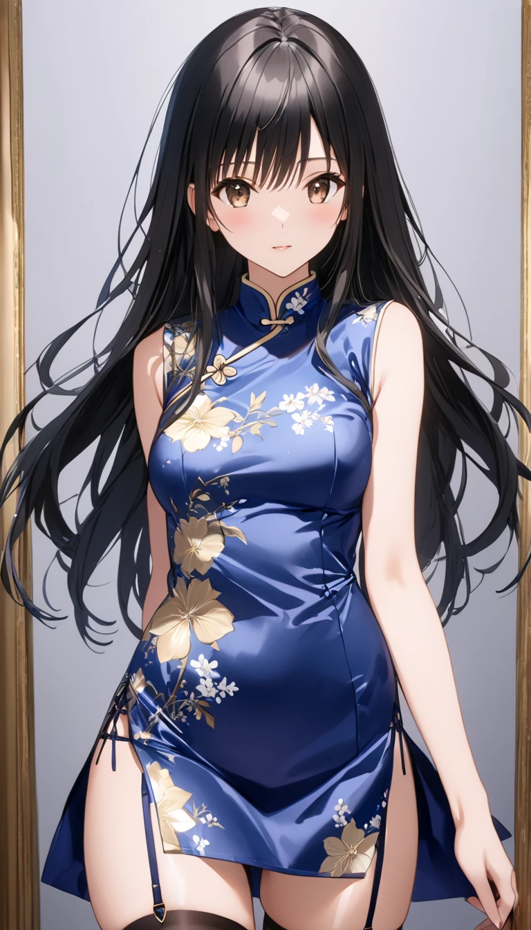  best quality、  Unity 8K Wallpaper、32K、masterpiece、 Very detailed、  ultra high resolution、 Very detailedな顔、 RAW photo、professional、Ultra-detailed paintings、female 1 person、Navy blue long china dress in shiny satin with slits、Furukawa Yui、 black hair、 Brown Eyes 、 long hair、(((( stockings)))、((( garter belt)))、(((Blue Stiletto Heels )))、Flip through the slits、 crotch visible 