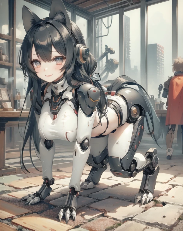 heart-shaped pupils, black hair,smile,spoken heart, 
prosthetic quadruped,Quadruped machinery,mechanical tail,mechanical parts, robot joints,hydraulic system,robotization,four feet,all_fours,,amputee, 
((factory)), long hair,