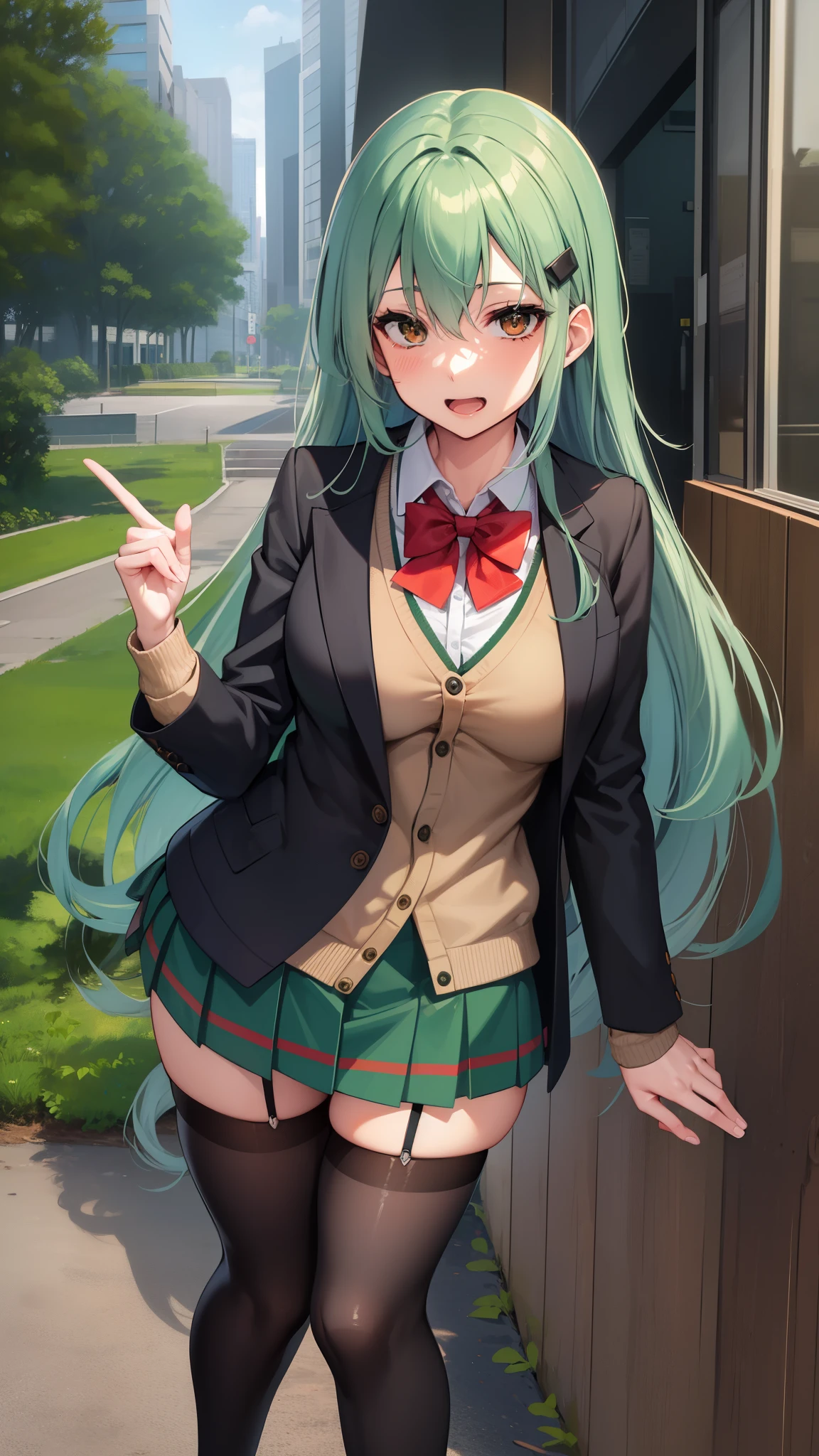 absurderes:1.8, ((beautiful clear eyes, sitting, outdoor, green hair, wavy hair, arms behind back:1.3, from below:1.4, spread legs)), ((school uniform, blazer, skirt、Thighhighss, loafers、showing panties, panties emphasis:1.6, embroidery panties:1.4,))、(1woman), Unity 8K Wallpaper, Masterpiece, detailed hair, highly detailed, , (seductive smile:1.3), (blush:1.3)