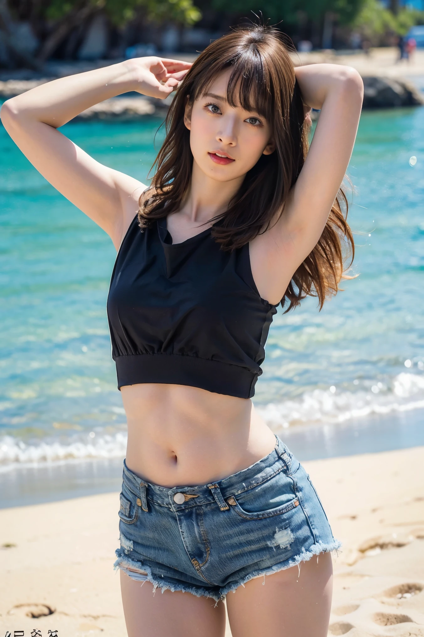 8K raw photo beauty:2.0, dark brown hair long hair, amazing face and dark eyes , staring at the camera, show armpits, Running, Sprint, dynamic pose , vibrant pose ,(white crop top and distressed denim shorts:1.2)、 wears sneakers:1.4, photorealistic:1.9, Extremely Detailed CG Unified 8K Wallpaper , high definition, high definitionな生の色写真, professional photography,Look forward, is showing the whole body,Shooting on the beach, Sexy Girl Portraits, Blue sky and clouds,