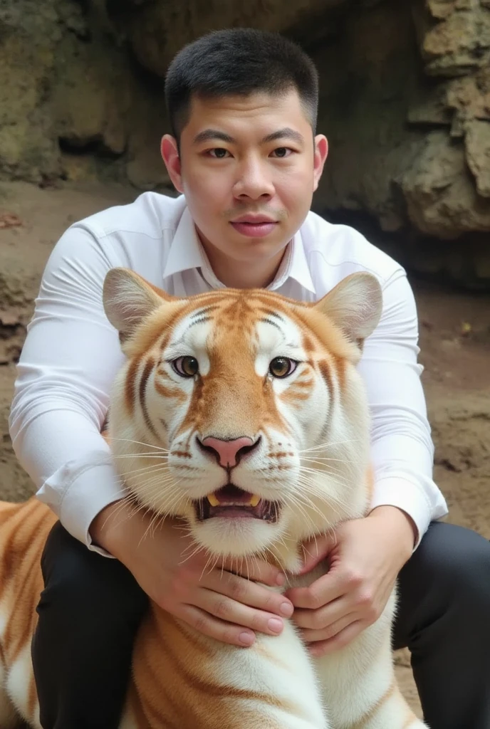 "Ultra-realistic, 32k resolution, masterpiece:1.2, high detailed skin and fur texture:1.1, high quality:1.1, A photorealistic image of a muscular Thai male model wearing a fitted white dress shirt with sleeves rolled up and black slacks, exuding sophistication and strength. He gently embraces a golden tiger lying gracefully on a rocky surface. The man has tanned skin and a calm, confident expression, his arms wrapped securely yet tenderly around the tiger’s shoulders, emphasizing a connection between human and animal. The tiger’s golden-orange fur with white markings is detailed and vibrant, contrasting beautifully with the man’s attire. The background is a natural rocky habitat, softly blurred to keep focus on the man and tiger. Soft, natural lighting highlights the tiger’s fur texture and the man’s refined look, creating a harmonious, majestic, and serene atmosphere."