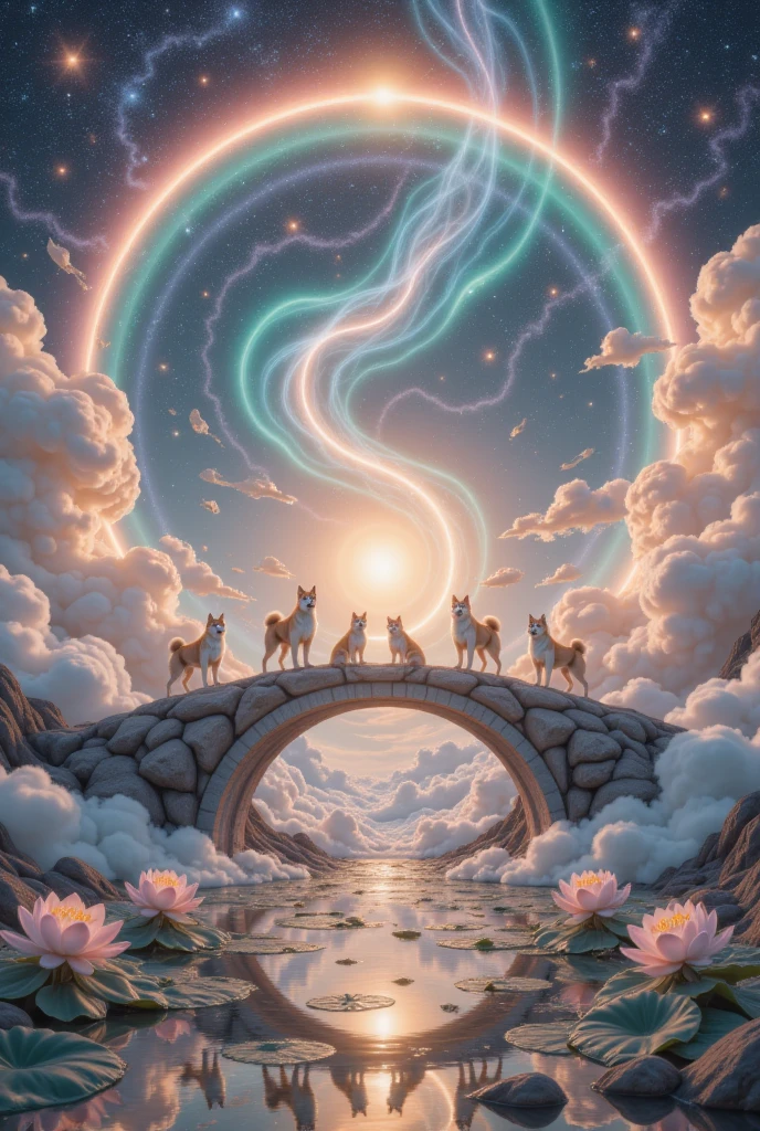 Rainbow Bridge：1.6， 32K RAW photo ，Best quality,  extremely detailed and intricate .  dynamic angle,aurora， constellation，Crescent Moon，earth \(Planet\)，full moon，galaxy，light particles，milky way，night，night sky，Planet，shooting star，sky，space，starry background，starry sky， wonderland，cloud， Dunhuang art style illustration ,九色柴犬被祥cloud环绕，magnificent ,（ Shiba Inus shining with stars ：1.36） Standing in a lotus pond  , extremely fine brushstrokes , Soft and smooth , Chinese red and indigo ,  gold background 