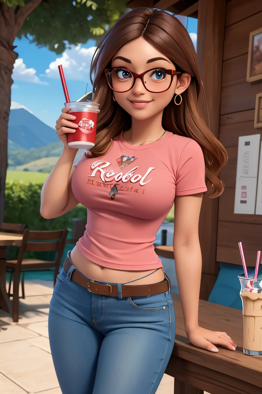 (8k, RAW photo, best quality, masterpiece:1.2), (intricate details), perfect eyes, perfect face, perfect lighting, beautiful, (masterpiece:1.2), (best quality:1.2), 1girl, solo, alya, glasses, brown eyes, happy face, beauty spot, adult torso, massive breasts, (jeans, red t-shirt), holding a milkshake, cowboy shot, 3DMM
