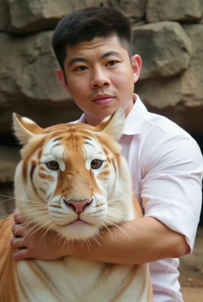 "Ultra-realistic, 32k resolution, masterpiece:1.2, high detailed skin and fur texture:1.1, high quality:1.1, A photorealistic image of a muscular Thai male model wearing a fitted white dress shirt with sleeves rolled up and black slacks, exuding sophistication and strength. He gently embraces a golden tiger lying gracefully on a rocky surface. The man has tanned skin and a calm, confident expression, his arms wrapped securely yet tenderly around the tiger’s shoulders, emphasizing a connection between human and animal. The tiger’s golden-orange fur with white markings is detailed and vibrant, contrasting beautifully with the man’s attire. The background is a natural rocky habitat, softly blurred to keep focus on the man and tiger. Soft, natural lighting highlights the tiger’s fur texture and the man’s refined look, creating a harmonious, majestic, and serene atmosphere."