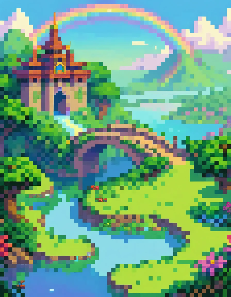 8-bit retro game, JRPG, Dragon Quest, pixel art, beautiful rainbow bridge over a lake, fantasy world, hyperdetailed, intricate details,highly detailed environment, vibrant colors, fantasy landscape, lush vegetation, fantasy castle in background, magical atmosphere