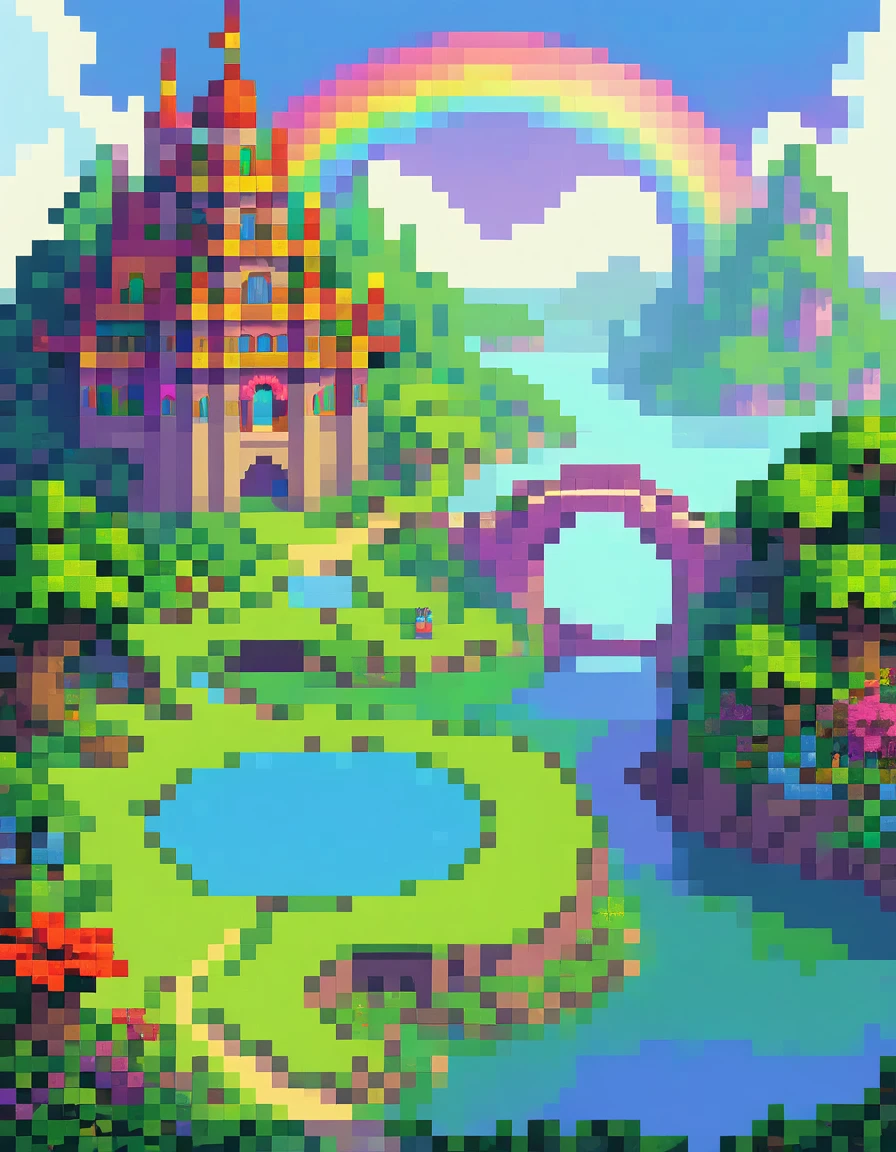 8-bit retro game, JRPG, Dragon Quest, pixel art, beautiful rainbow bridge over a lake, fantasy world, hyperdetailed, intricate details,highly detailed environment, vibrant colors, fantasy landscape, lush vegetation, fantasy castle in background, magical atmosphere