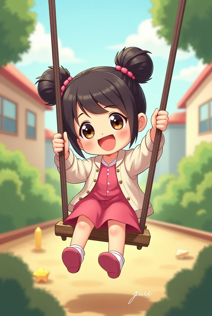 A girl with two pigtails tied with a blue ribbon, cute face, wearing a short-sleeved blue dress, a flared skirt, and white shoes, sitting on a swing with a joyful expression in front of the house. The background is a beautiful big house, with a green lawn, decorated with beautiful colorful flowers, facing the camera accurately., pastel colors,