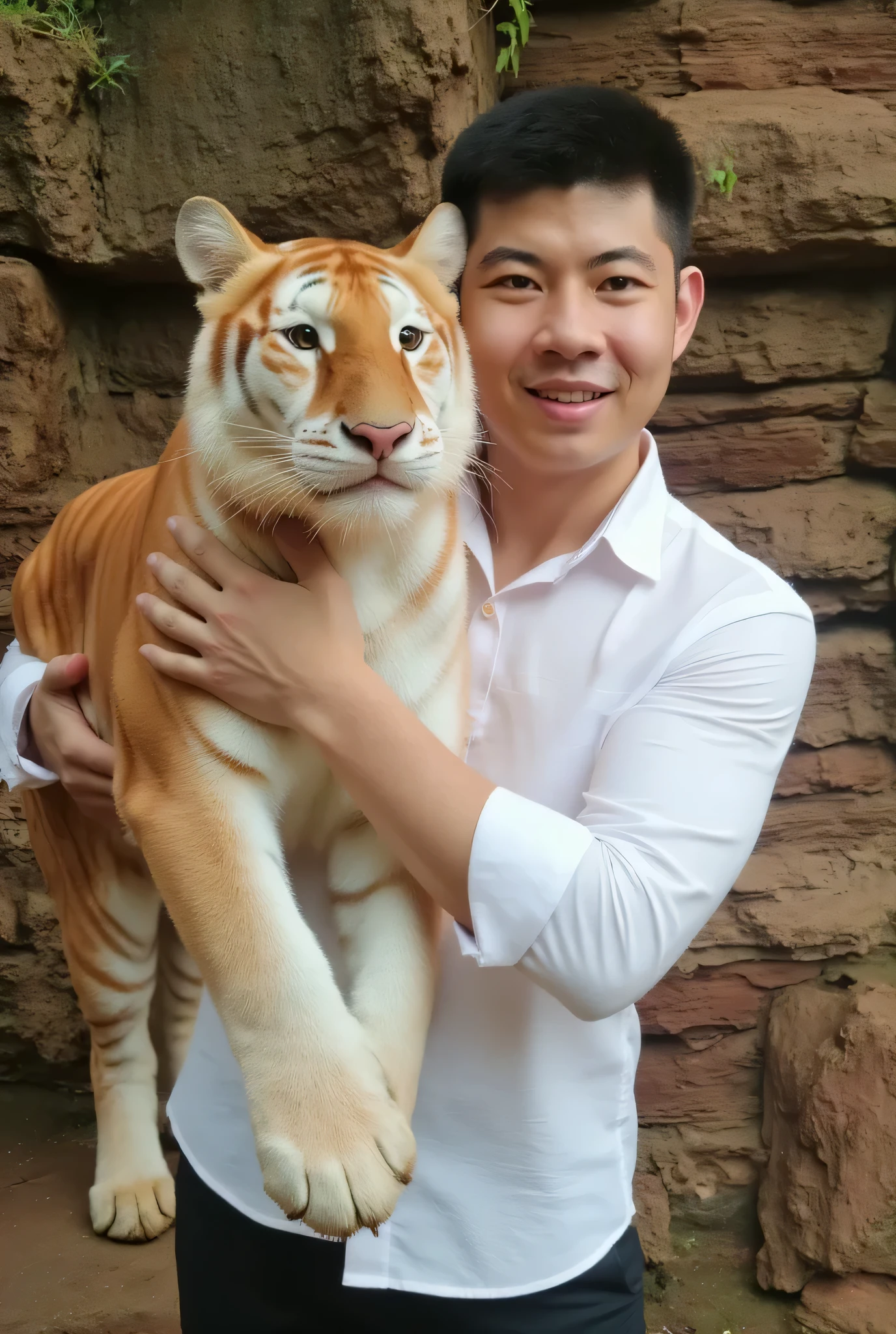 "Ultra-realistic, 32k resolution, masterpiece:1.2, high detailed skin and fur texture:1.1, high quality:1.1, A photorealistic image of a muscular Thai male model wearing a fitted white dress shirt with sleeves rolled up and black slacks, exuding sophistication and strength. He gently embraces a golden tiger lying gracefully on a rocky surface. The man has tanned skin and a calm, confident expression, his arms wrapped securely yet tenderly around the tiger’s shoulders, emphasizing a connection between human and animal. The tiger’s golden-orange fur with white markings is detailed and vibrant, contrasting beautifully with the man’s attire. The background is a natural rocky habitat, softly blurred to keep focus on the man and tiger. Soft, natural lighting highlights the tiger’s fur texture and the man’s refined look, creating a harmonious, majestic, and serene atmosphere."