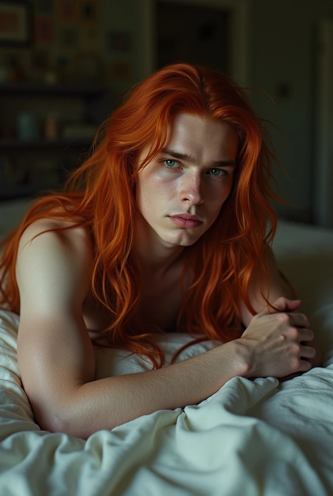 A young man with long red hair and an Asian face. His skin is pale, and his pupils are black. He looks very similar to Taehyung from BTS. He is lying down seductively and alluringly by a river in a forest, shirtless. I want hot and sexy version of this... Nude and +18. Dick in photo