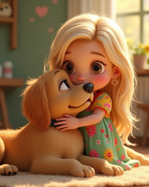 Create a 5 year old with curly blonde hair, skin fair, and dark brown eyes. She is dressed in a beautiful blue dress and hugging a dog affectionately in the backyard of her house.. The scene must be in Pixar's distinctive digital art style.