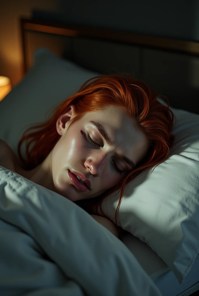 1girl in, age23, Solo, Aesthetic artwork, irish redhead sleeping, wavy ginger hair, shoulder length ginger hair, gray eyes, light grey eyes, some small freckles, pale skin, d-cup, large breasts, thick body, fullbody shot, (textured skin, skin pores:1.1), (moles:0.8), imperfect skin, goosebumps, in a dimly lit bedroom, lying down, lying on bed, (sleeping position: 1.4), (sad:1.3), depressed expression, pouting, (extremely detailed 8k wallpaper), soft lighting, high quality, film grain, Fujifilm XT3 sharp focus, f 5.6, 50mm, High Detail, Sharp focus,(natural light), (seductive), oversized thin blue t-shirt, blue t-shirt, Realistic, ultra realistic, photo realistic, crazy details, complex details, hyper detailed,