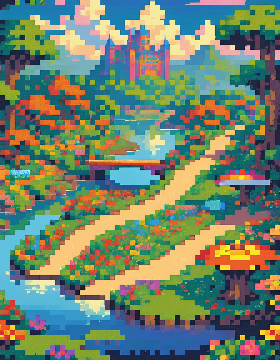 8-bit retro game, JRPG, Dragon Quest, pixel art, beautiful rainbow bridge over a lake, fantasy world, intricate details, highly detailed environment, vibrant colors, fantasy landscape, lush vegetation, fantasy castle in background, magical atmosphere