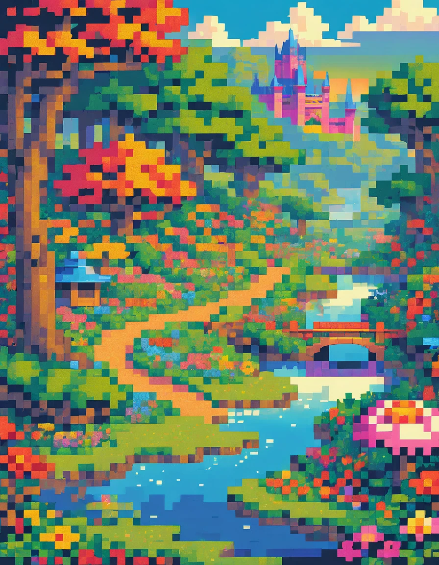 8-bit retro game, JRPG, Dragon Quest, pixel art, beautiful rainbow bridge over a lake, fantasy world, intricate details, highly detailed environment, vibrant colors, fantasy landscape, lush vegetation, fantasy castle in background, magical atmosphere