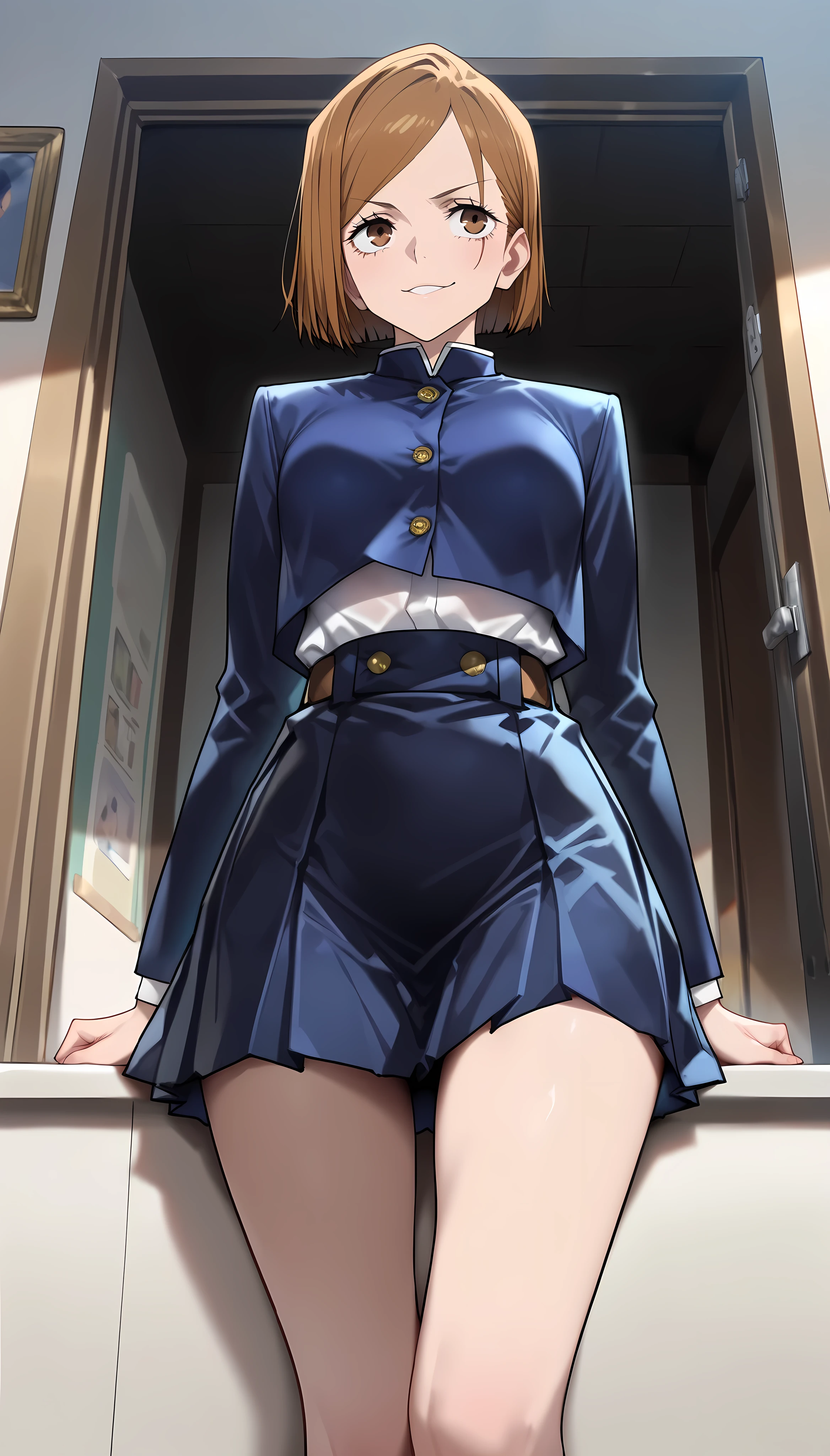 Masterpiece, top quality, best quality, official art, beautiful and aesthetic, anime, 1girl,extremely detailed, colorful, more detailed ((ultra-detailed)), (highly detailed CG illustration),Best Quality, High resolution, Unity 8k Wallpaper, (Illustration:0.8), (Beautiful detailed eyes:1.6), extra detailed face, Perfect Lighting, extremely details CG, (Perfect hands, Perfect Anatomy),street,shops,evening,neonlight,aanobara, short hair, buttons, white shirt,showing bra, black skirt, high-waist skirt, black stockings, in middle, upskirt,panties,from below.