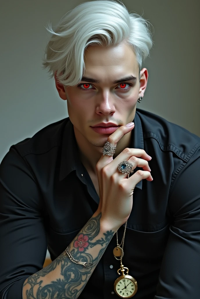 Teenage guy, white skin, toosled grey hair, grey eyes, tattoos neck, tattoos arms, tattoo torso, piercings, silver chains, summer vibes, sleeping position, dramatic lighting, dark colors, textured skin, hand gesture, naked, sensual, detailed features, edgy, teenage, androgynous, intimate, high quality digital art, dark fantasy style.