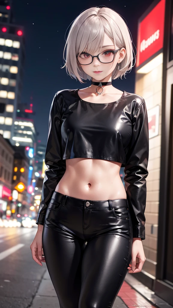 (masterpiece), Highest quality, Expressive eyes, Perfect Face, High resolution, One girl, alone, Gray Hair, Jacket, Ahoge, Fingerless gloves, abdomen, (Sheer panties), Crack, Put your hands on your hips, Leaning forward, smile, Fantasy Background, particle, magic, Are standing,Cowboy Shot, Looking at the audience, from the front,night, Abandoned city,