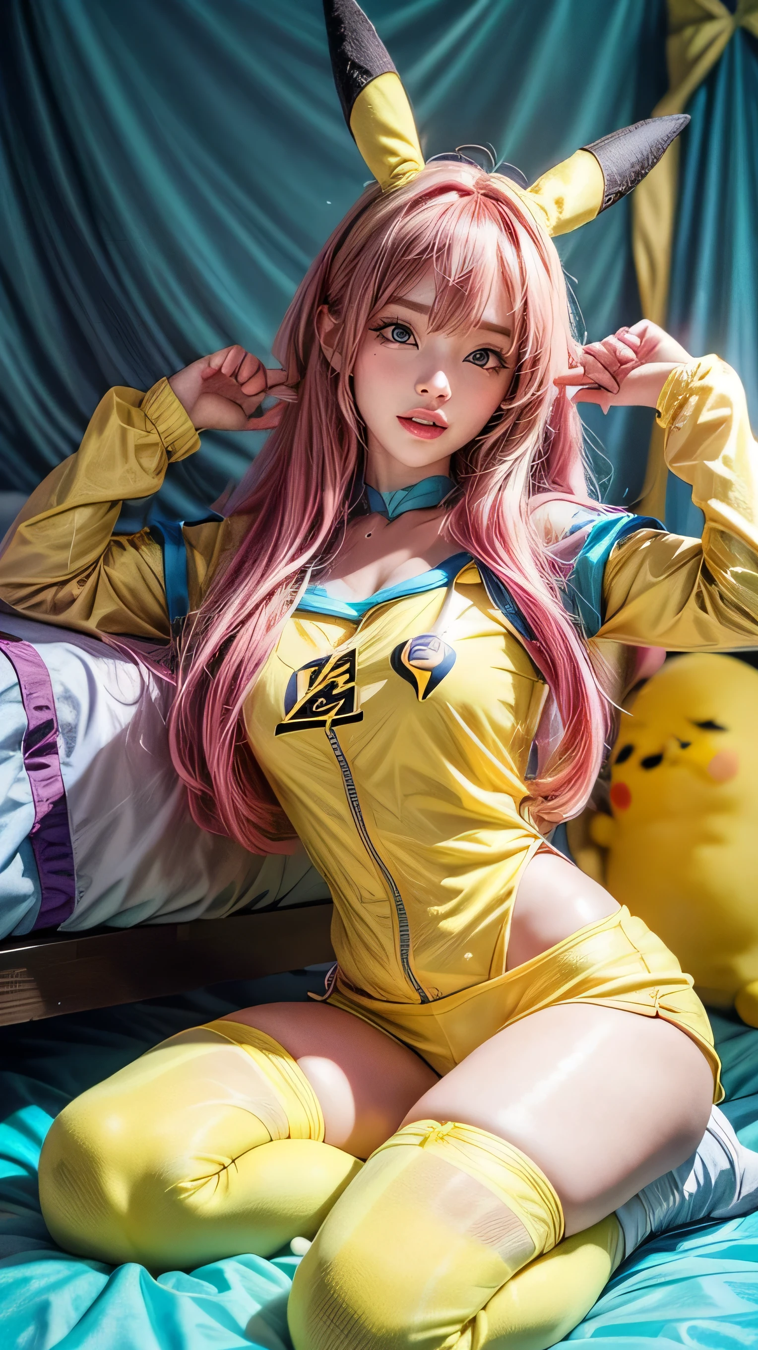 PUNIPUNI KAWAII, a beautiful Pink hair gamer girl, beautiful detailed Blue eyes with (Sparkling Highlights:1.28), beautiful detailed lips,extremely detailed eyes and face,longeyelashes,in a ((Pikachu(Yellow hoodie))) (Moe Sleeves:1.2), (Professional photo:1.37), Huge breasts (Overflowing Gigantic cleavage:1.28) close up down blouse, (perfect lighting) navel, Radiant PearlSkin with Transparency, (Dynamic:1.2) Joyful Expressions LifeLike Rendering, bedroom (from Random view point)
