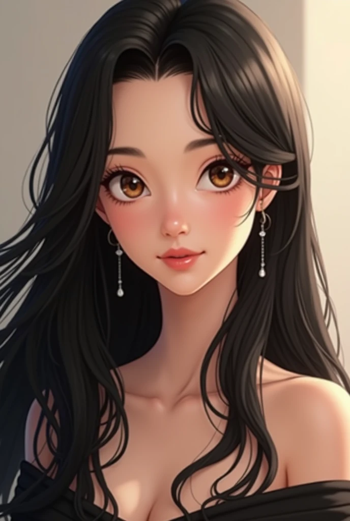 Hair: Long, straight, and dark brown, parted down the middle.
Skin tone: Light or fair complexion.
Clothing: She is wearing an orange spaghetti-strap top or bikini top.
Facial expression: Slight smile with a relaxed expression.
Accessories: Thin, delicate necklace.