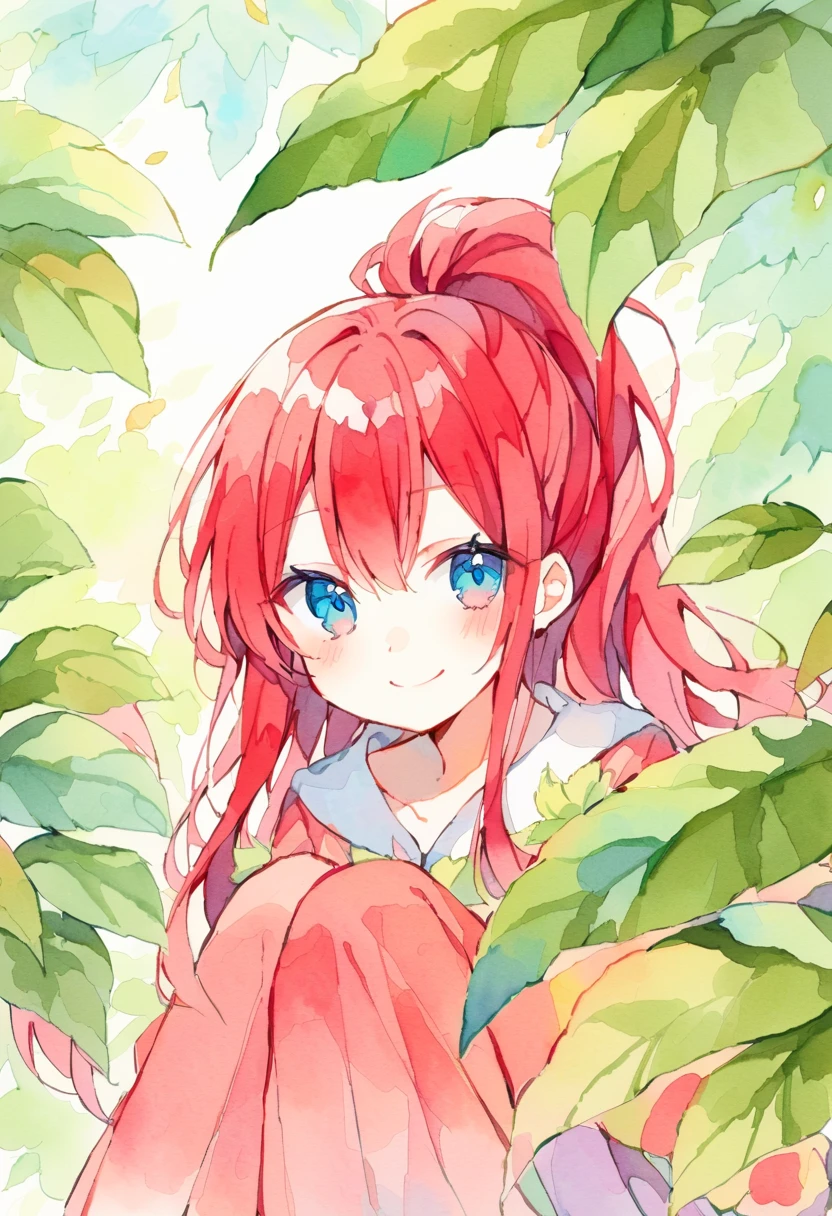 Watercolor colorful,kushina,girl,age 16,solo,red hair,long ponytail,smiling,seated down in leaves,kushina uzumaki