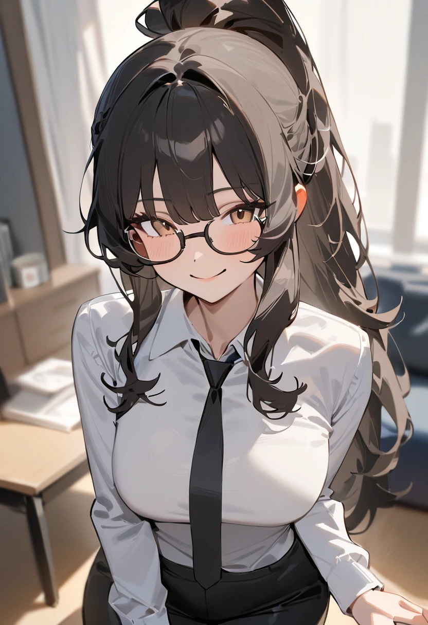 masterpiece, best quality, very aesthetic, absurdres, 1girl, solo, black hair, long hair, bangs over forehead, fluffy hair, hair styled in high ponytail, brown eyes, sirmont16A, glasses, wearing white button shirt and black tie, wearing black pants, smiling
