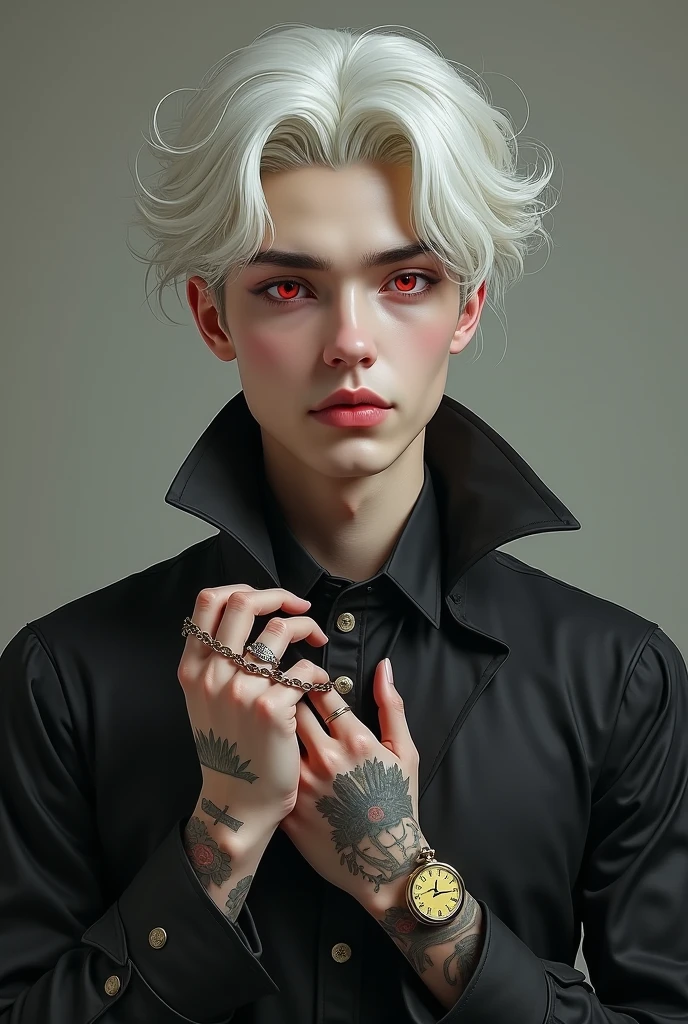 A boy who looks like someone in his 20s, her hair is white and red and her skin is white and pale, each of your eyes has a different color from the other, he is sad and melancholic because he is not reciprocated by the man he loves, he looks like a gothic, he is an angel who lost his heavenly grace and was cursed, he has vampire teeth and one of his wings is a skeleton and the other is a bat, he is a dark wizard, he has a black wolf made entirely of darkness, he wears a choker and a skeleton necklace, he also likes butterflies and is an RPG character, he cries black tears and is always accompanied by his dark wolf, the wolf appears to be made of black smoke, he also has pointy ears and wears the robes of a dark wizard.